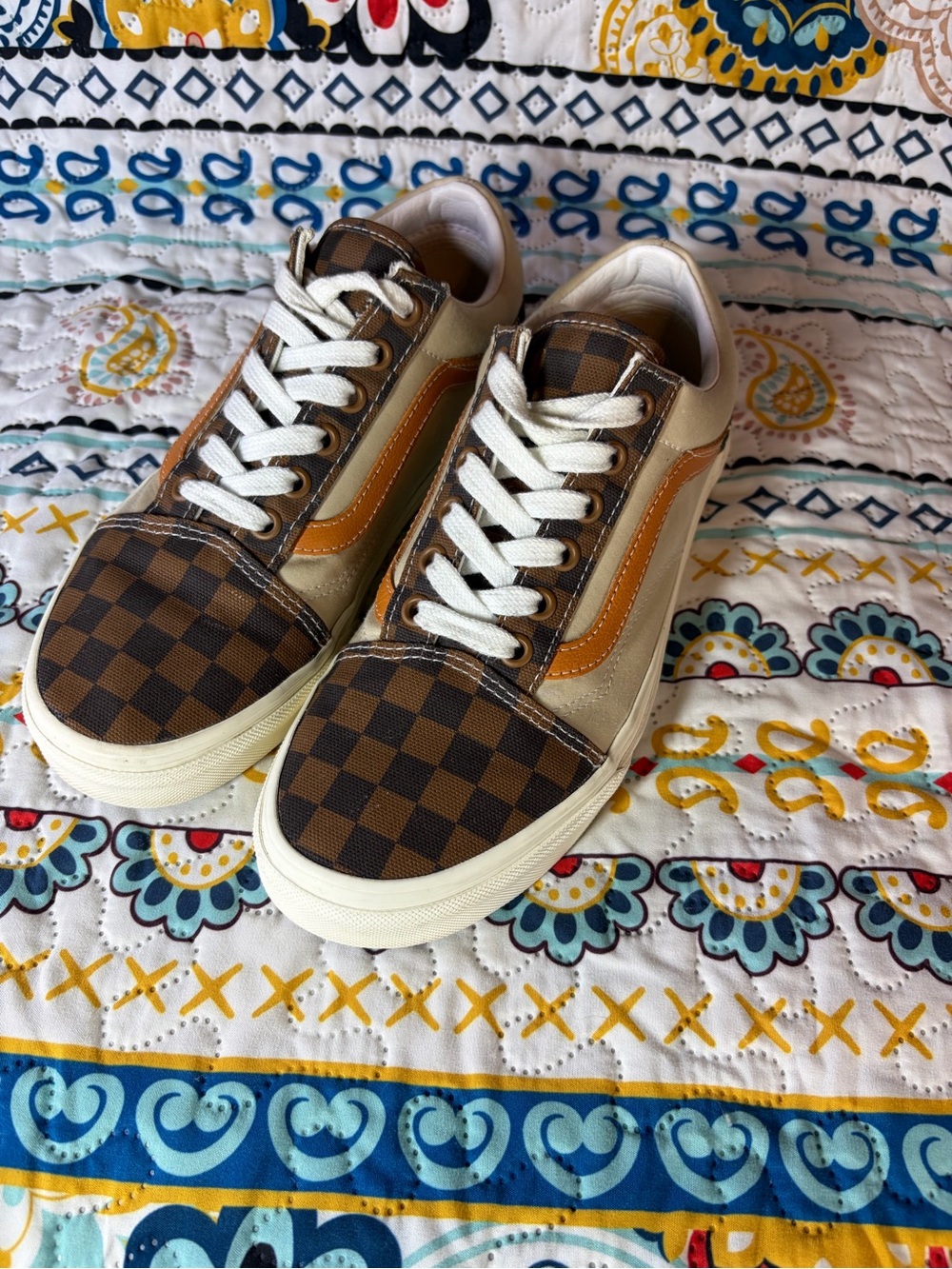 Vans Checkerboard Brown Tan Cream Sneakers